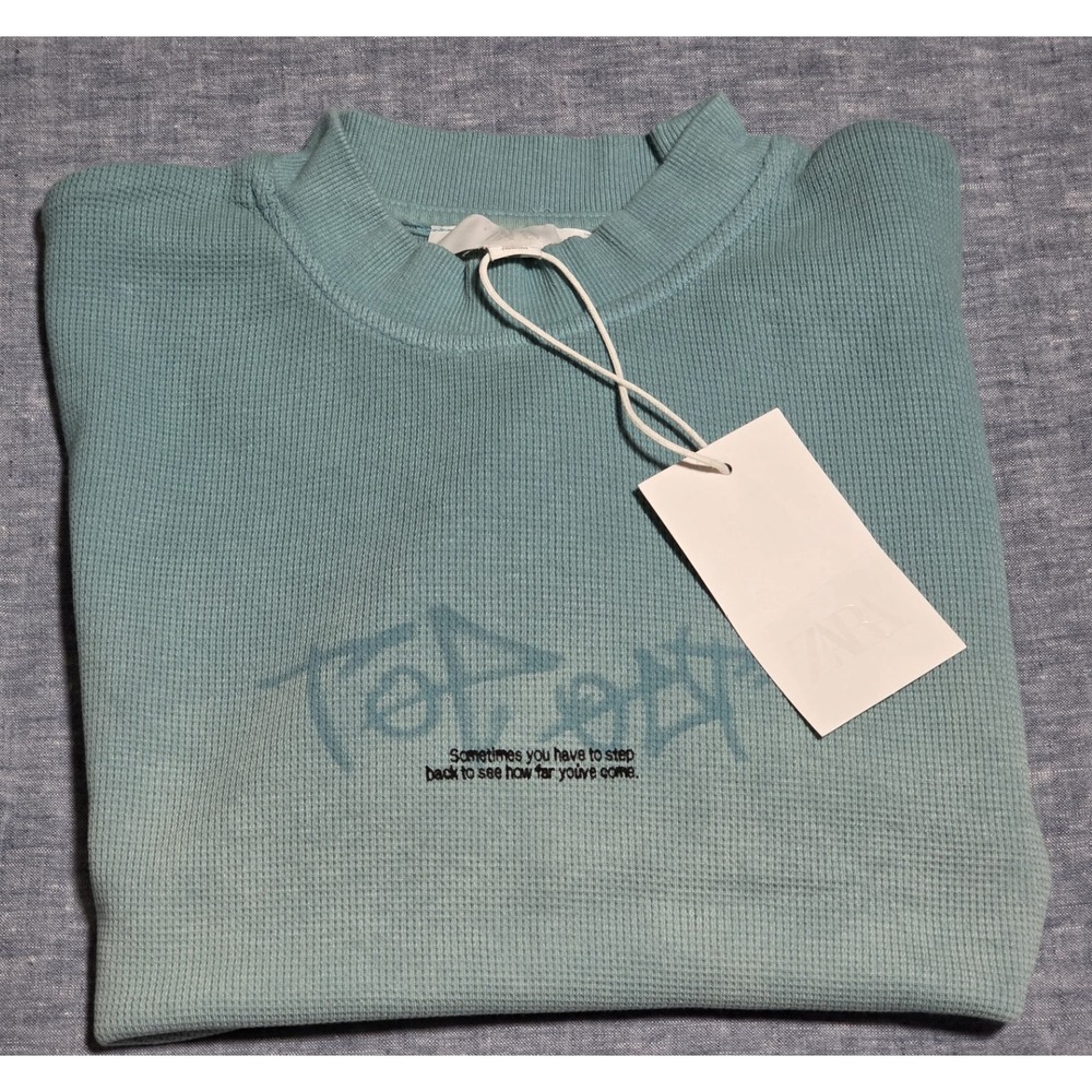 ZARA Women's Blue Graphic Print Crew Neck Knit Pullover T-Shirt Short Sleeve 10